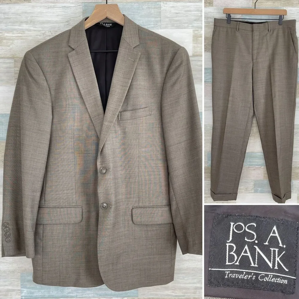 Jos A Bank Travelers Wool Metropolitan Suit Taupe Brown Slim Fit Mens 41R 36x30